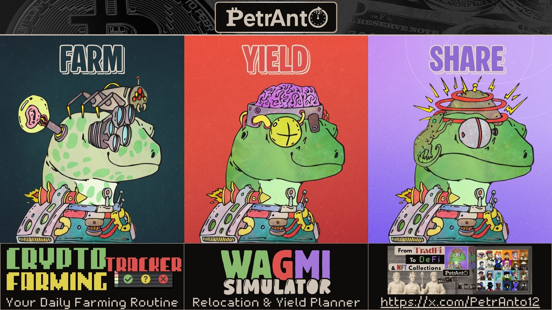 Farm, Yield, Share — PetrAnto three-panel hero